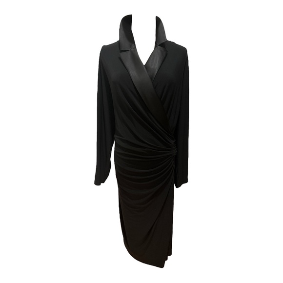 Y2K LAUREN RALPH LAUREN BLACK FRONT RUCHING MIDI DRESS W SATIN COLLAR SZ 20W - Picture 3 of 6